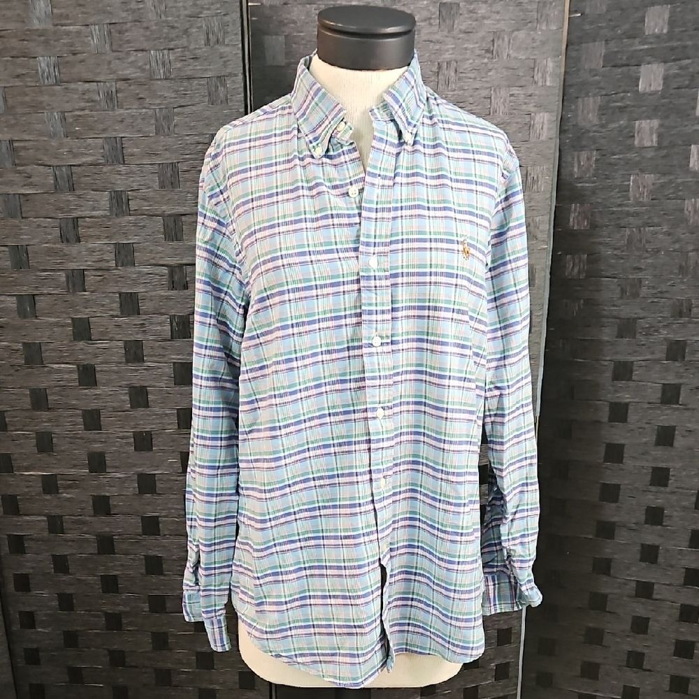 Ralph Lauren Men's Plaid Shirt Medium - Blue Green 100% Cotton LS - EUC